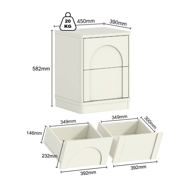 White cabinet with dimensions and weight label on a white background