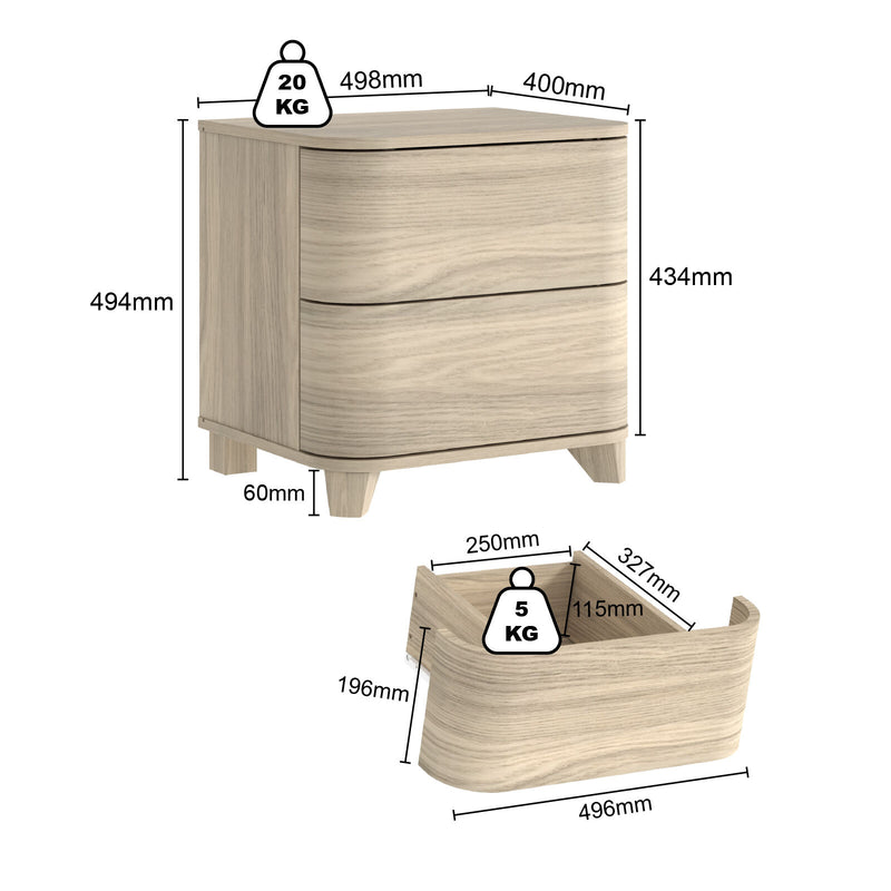 Malibu Curved 2 Drawer Natural Oak Bedside Table