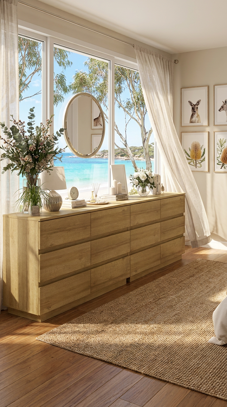 Beach-themed room with a dresser, decor items, and large windows.