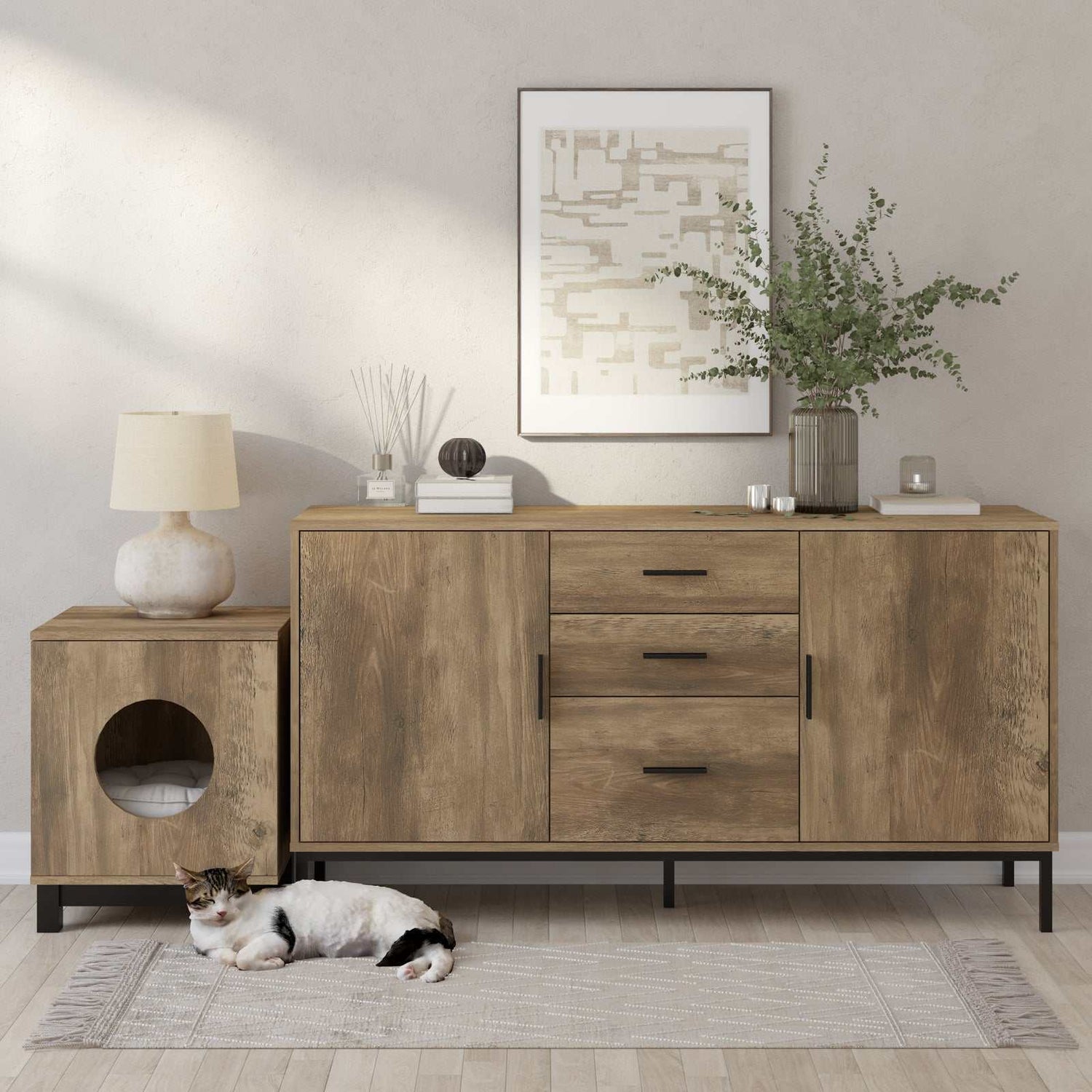 Bronx sideboard cabinet and bedside table with pet cubby in natural wood finish, living room setting.