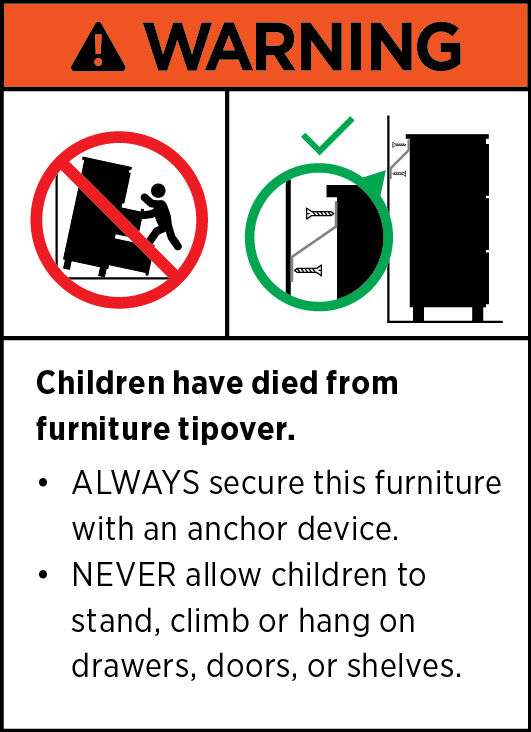 Warning graphic showing furniture tip-over hazard with safety instructions to anchor and not climb.