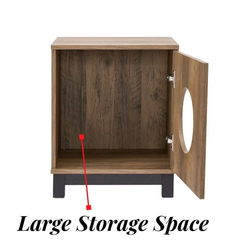 Large storage space inside the Bronx Side Table Pet Cubby with rustic oak-effect design.