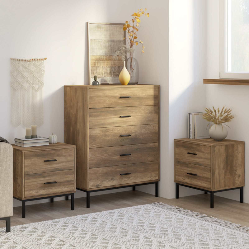 MerryLuk Bronx dresser and nightstand set featuring a natural wood grain finish, sleek metal handles, and industrial metal legs in a stylish bedroom.