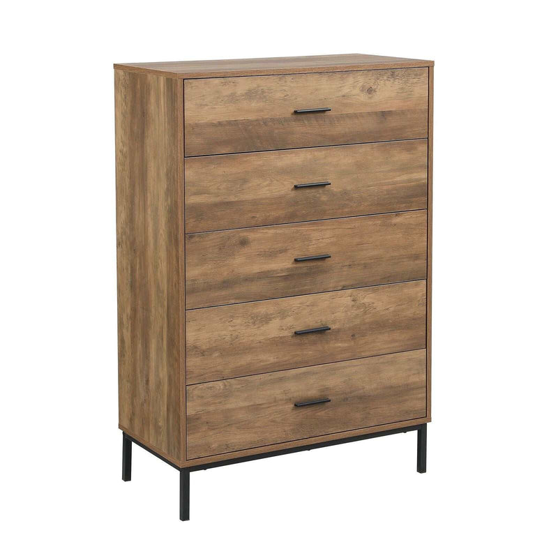 MerryLuk Bronx Chest of 5 Drawers with vintage wood grain finish and metal handles.