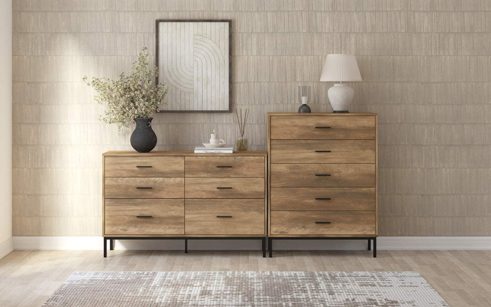 MerryLuk Bronx 5 and 6 Drawers Dresser Bundle with natural wood grain finish and metal handles.