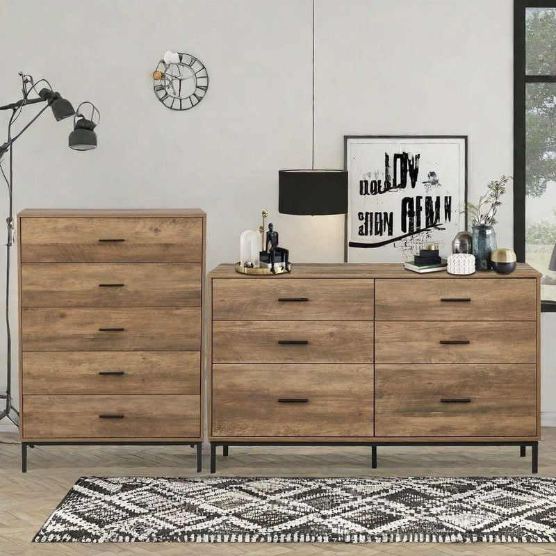 MerryLuk Bronx dresser set with 5 and 6 drawers, natural wood grain finish, metal handles, chic bedroom storage.