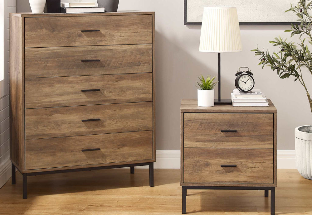 MerryLuk Bronx 5-drawer dresser and bedside table nightstand set with natural wood grain finish and industrial metal legs.