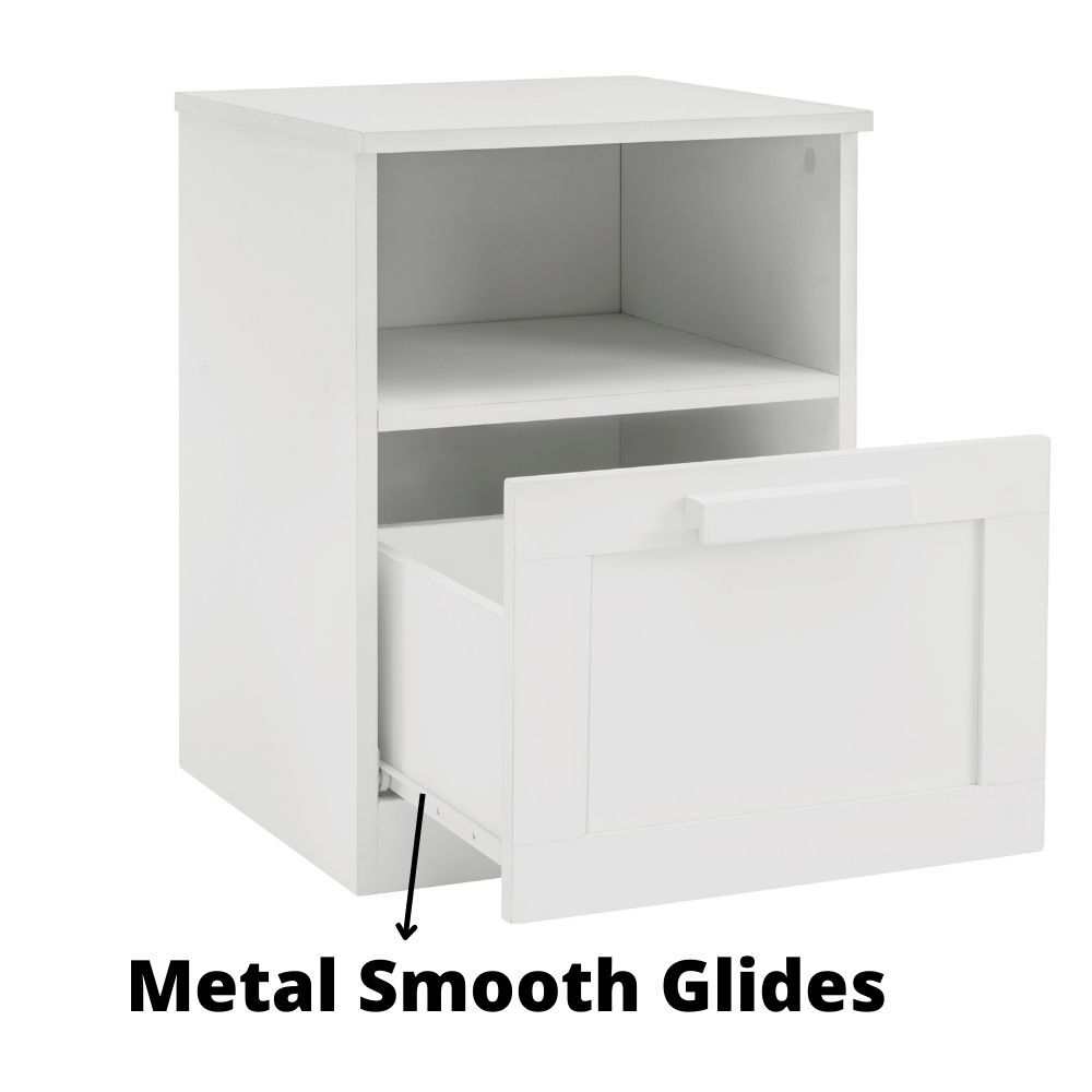 Matt White 1 Drawer Bedside Table with open cubby and cabinet for storage.
