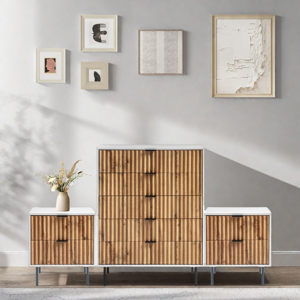 Chelsea Chest of 5 Drawers dresser with 2 bedside tables, featuring wavy timber fronts, sleek black handles, and petite metal legs in a mid-century modern design.