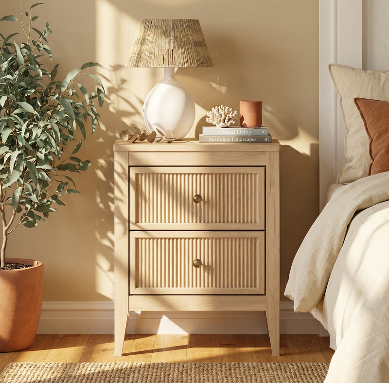 Vera 2 Drawer Bedside Table - Ribbed Wood Nightstand with Brass Knobs