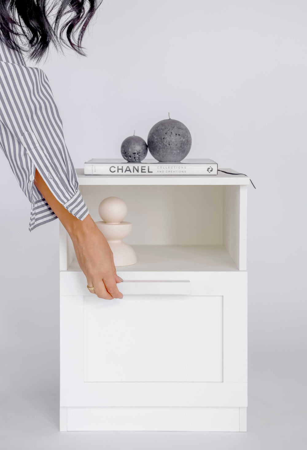 Matt White 1 Drawer Bedside Table with open cubby and modern design.