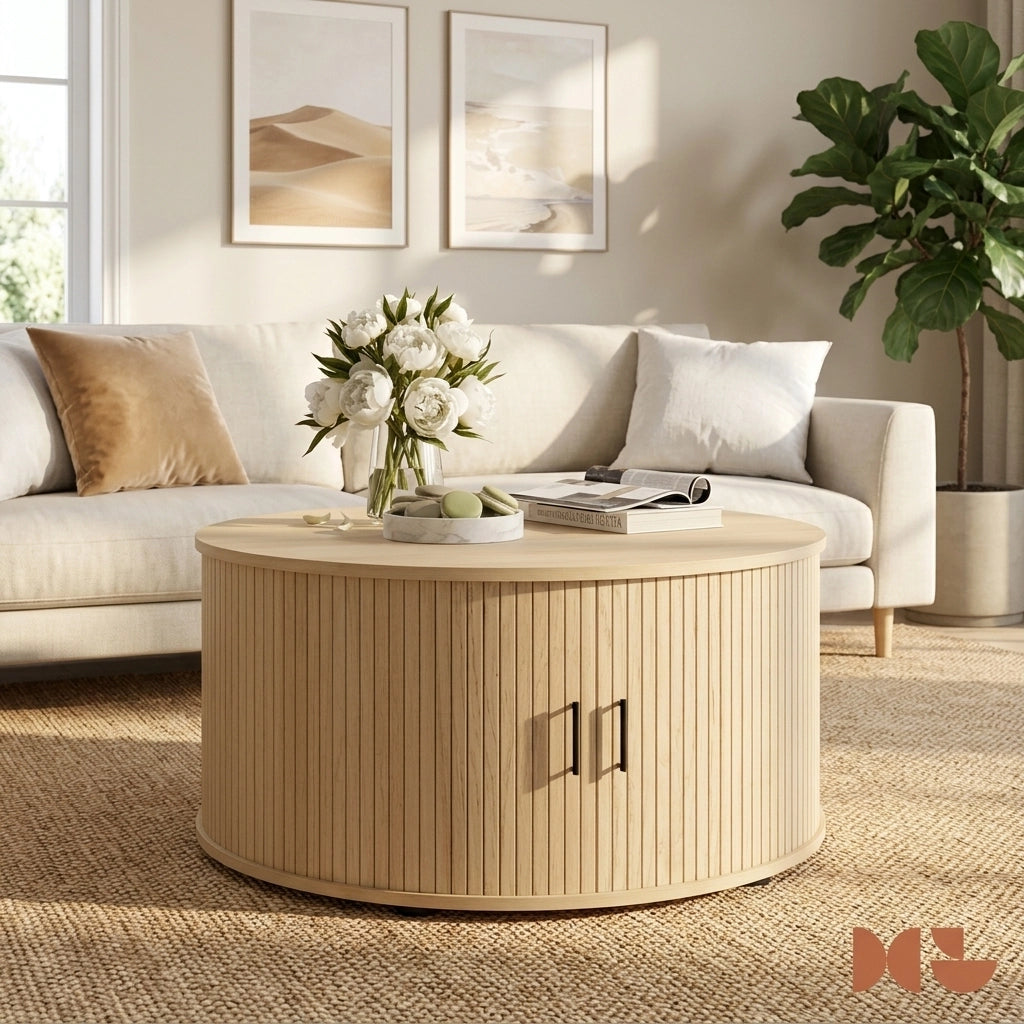 Ayla Round Fluted Coffee Table (80cm) with Sliding Tambour Door