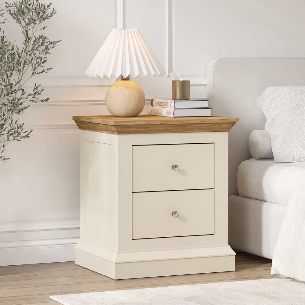 Hannah 2 Drawers Bedside Table with oak-effect top in a modern bedroom setting.