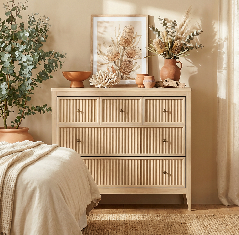 Vera Fluted 5 Drawer Dresser -Versatile Storage with Elegant Detailing