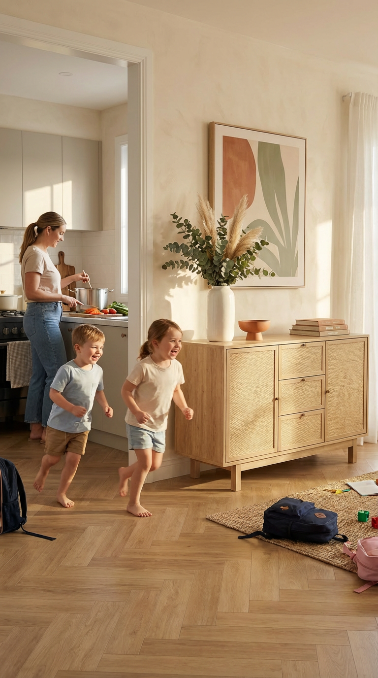 Family in a modern kitchen with wooden flooring and decor