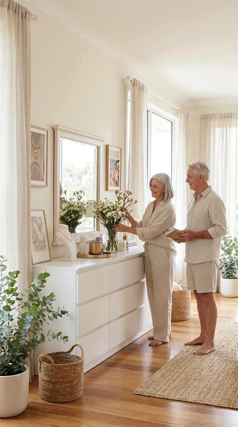 Two elderly people standing in a bright, well-lit room with white walls and wooden floors.