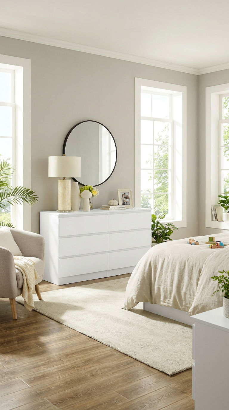 Modern bedroom with white furniture, large mirror, and natural light.