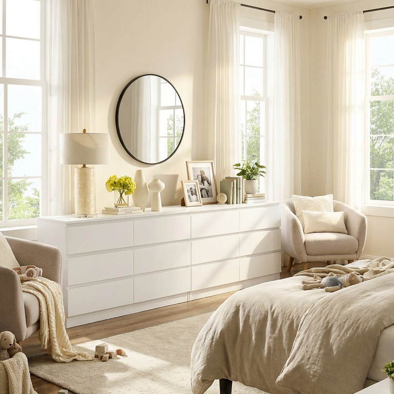 Modern bedroom with white furniture, large windows, and decorative elements.