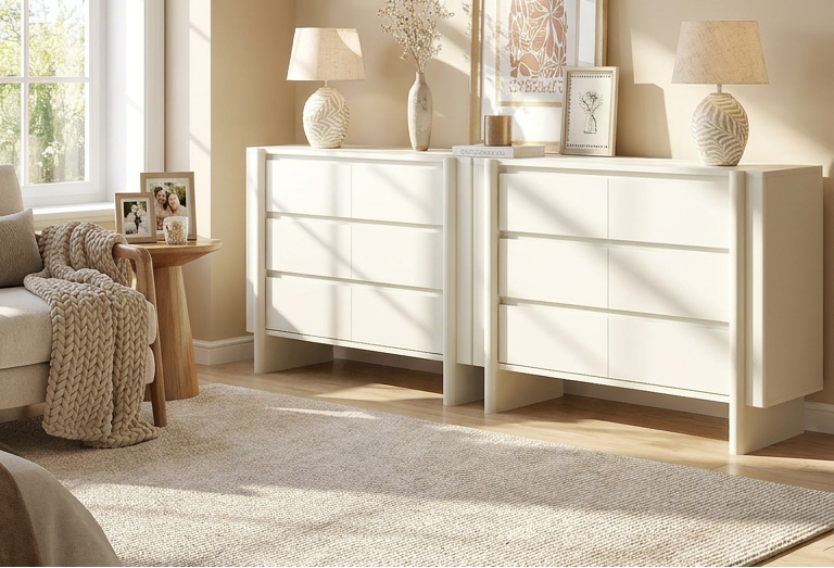 Modern bedroom with white dresser, framed pictures, and decor items.
