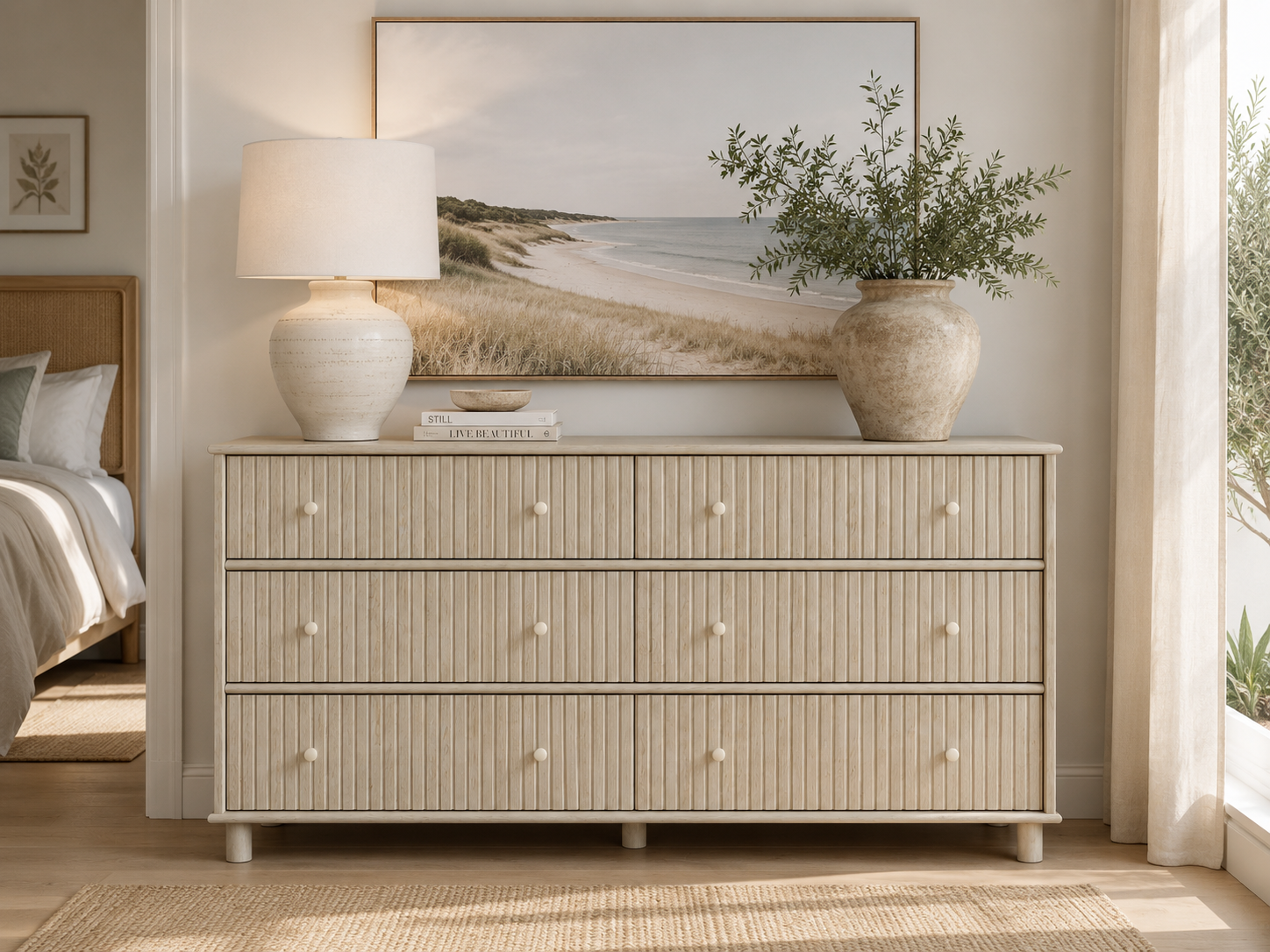 Coastal 6-Drawer Chest – Light Ash with Fluted Detailing