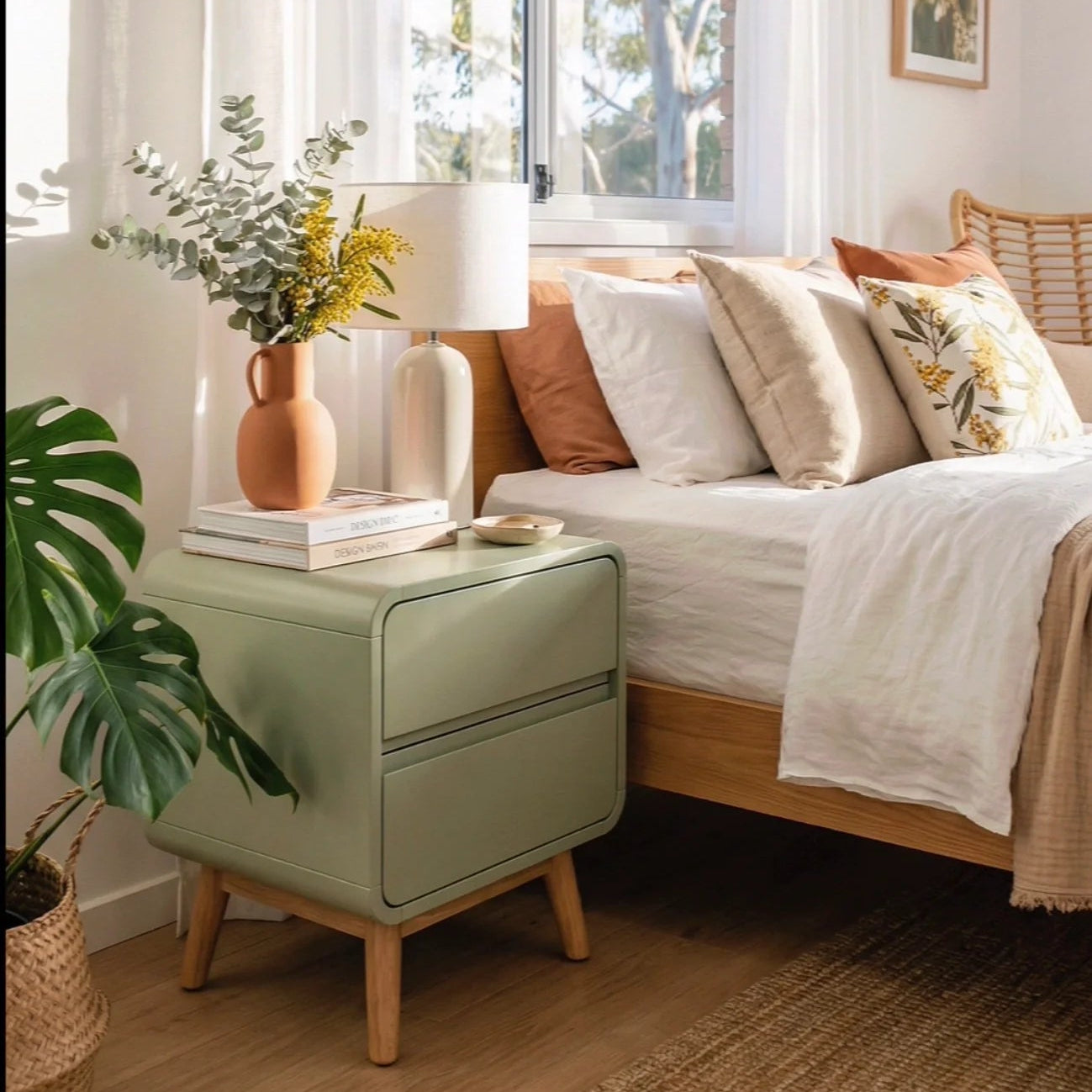 Cozy bedroom with a green nightstand, bed with pillows, and large window.
