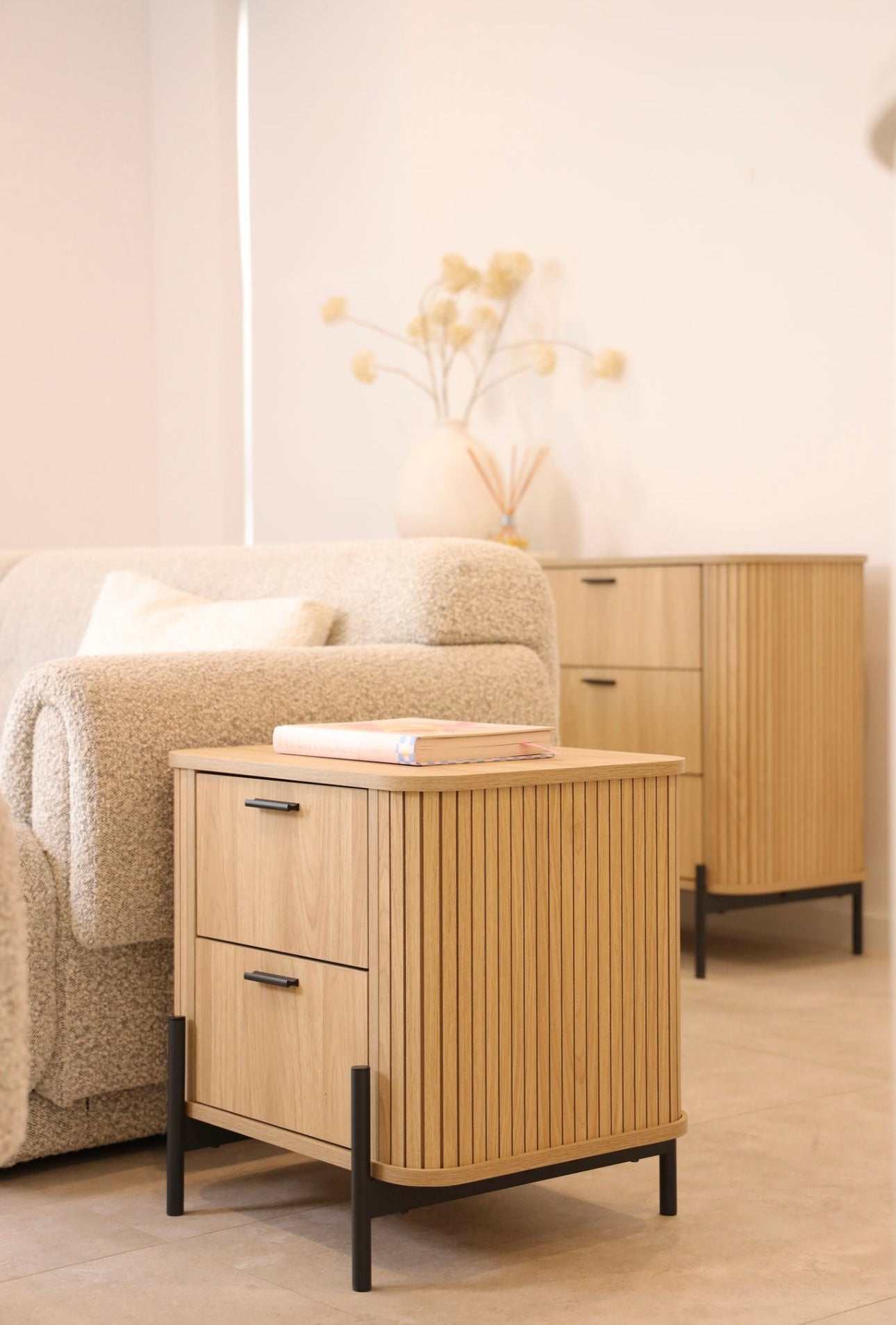 Ayla Bedside Table – Fluted 2-Drawer Dresser