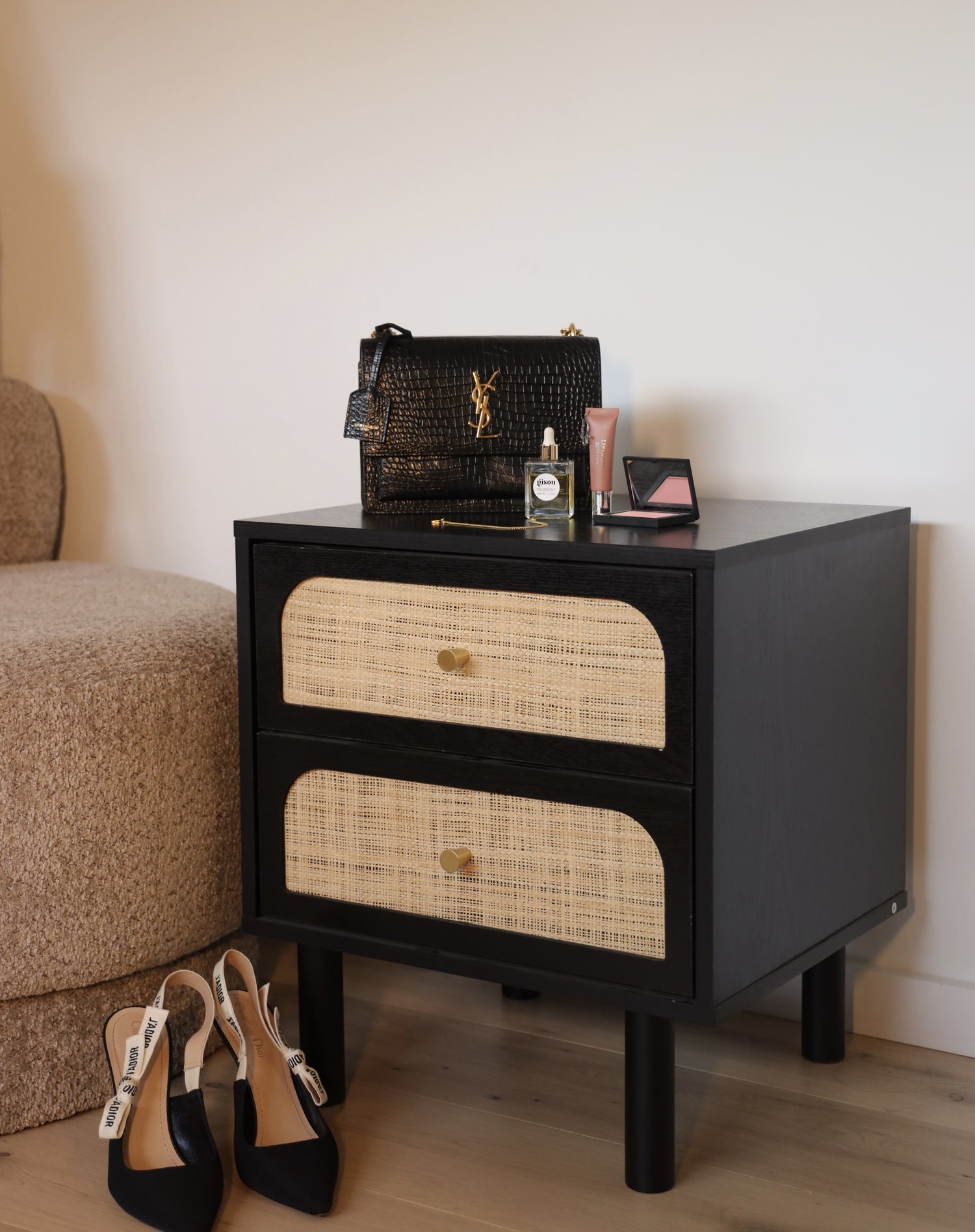 Elisa Bedroom Storage Set Black 5 Drawer Tallboy with Duo Bedside