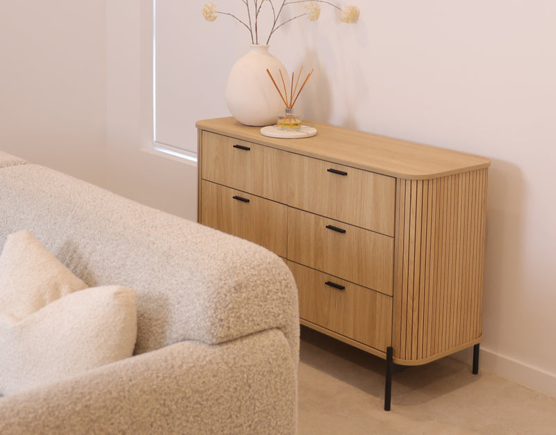 Ayla Fluted Bedroom Set – 6-Drawer Dresser & 2 Bedside Tables