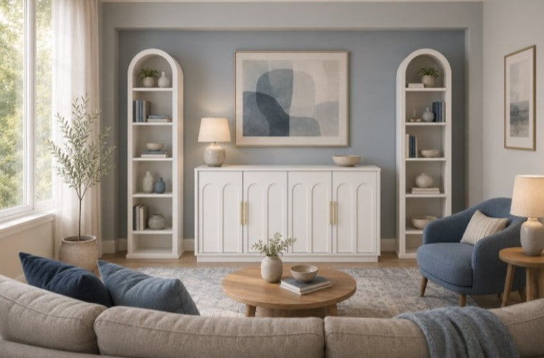 Opera Luxe Living Room Storage Bundle - 2 Opera Slim White Arch Cabinet + 4 Door Buffet Sideboard