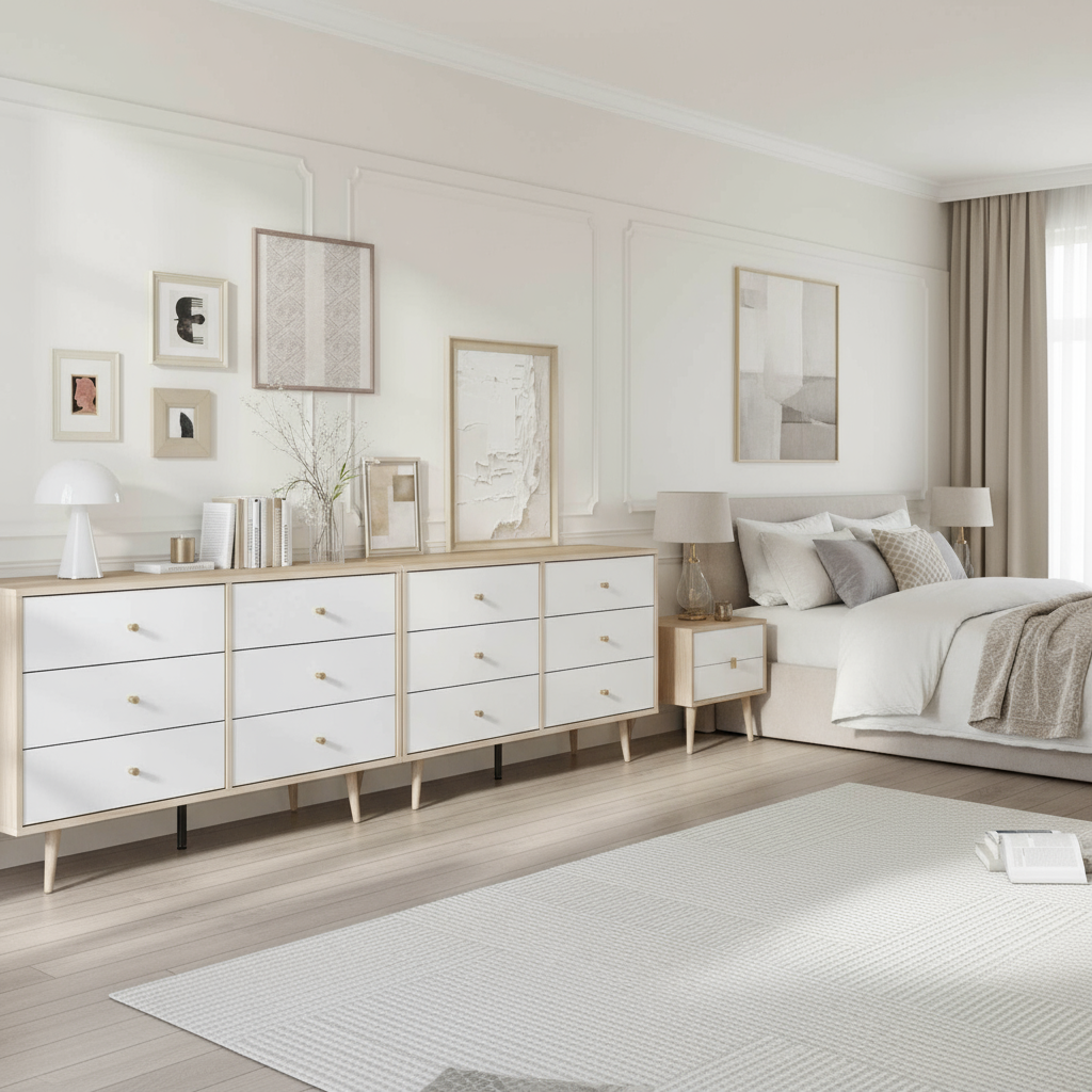 Amazing bedroom lifestyle with white dressers
