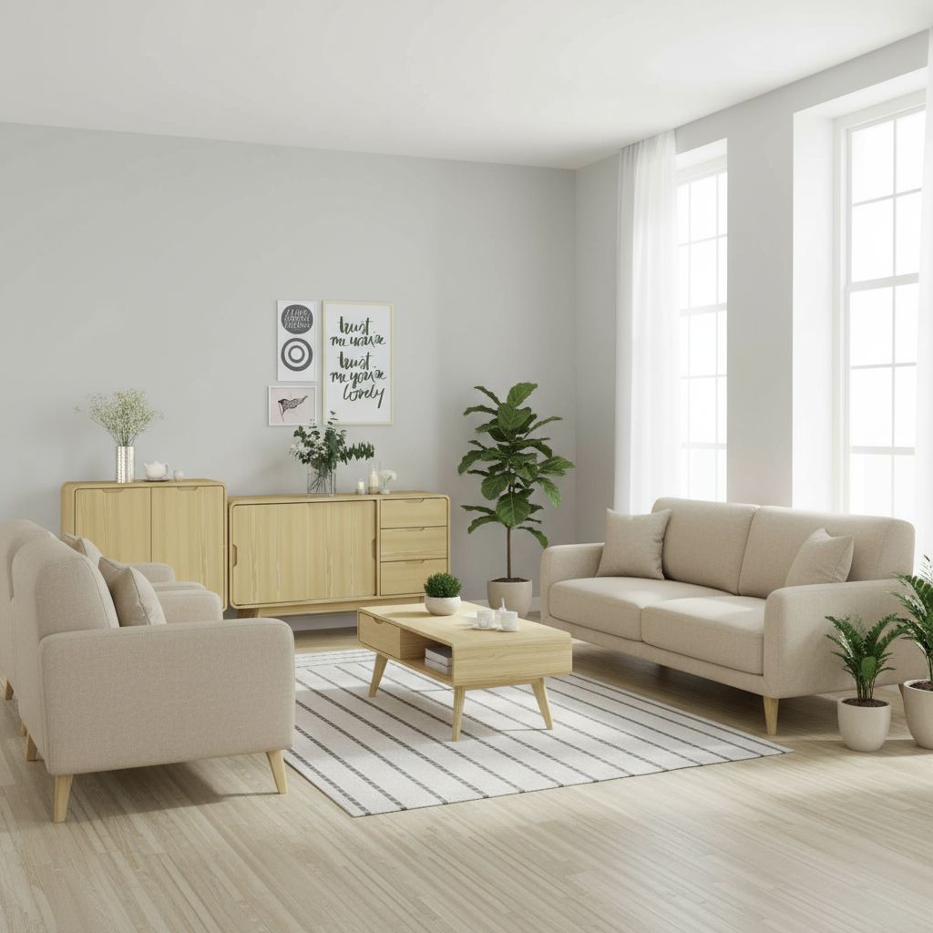 Amazing lounge lifestyle with natural wood sideboard set