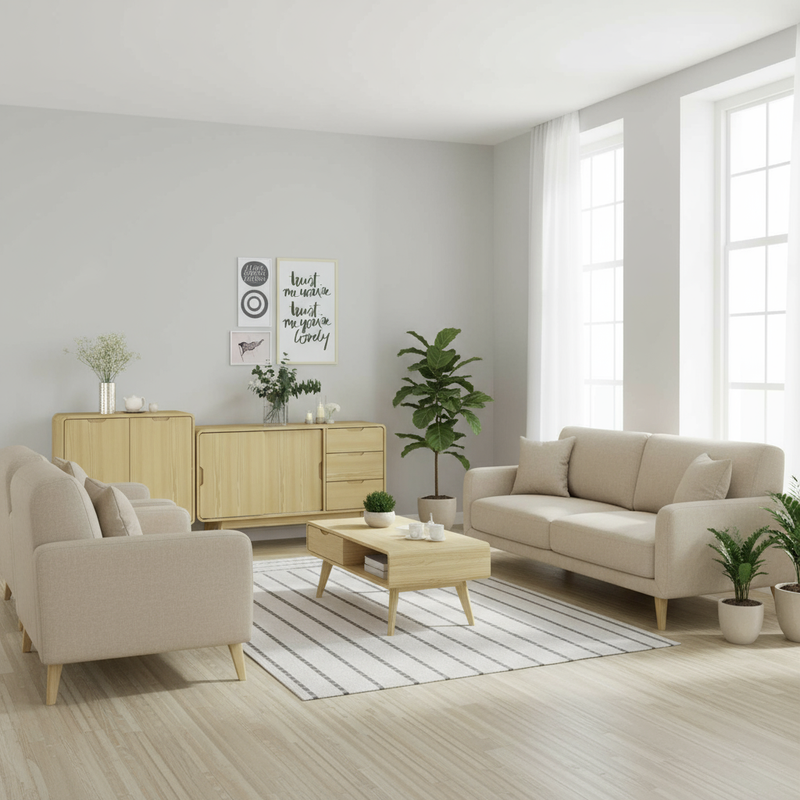 Amazing lounge lifestyle with natural wood sideboard set