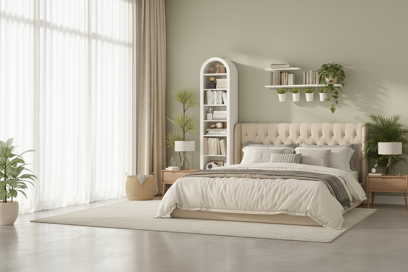 Arched bookshelf in bedroom