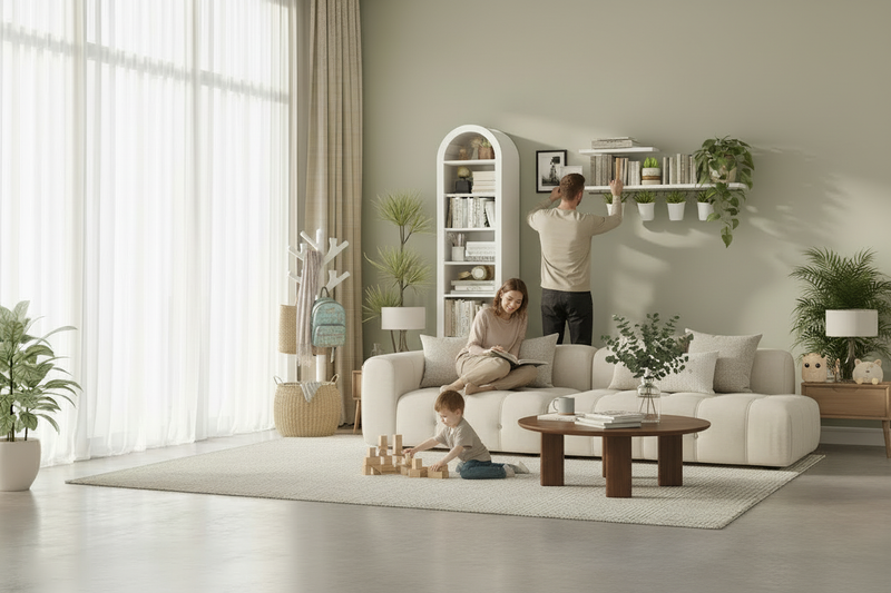Arched bookshelf in lounge room with people