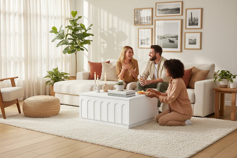 Arched panel coffee table in lounge with people gathered around