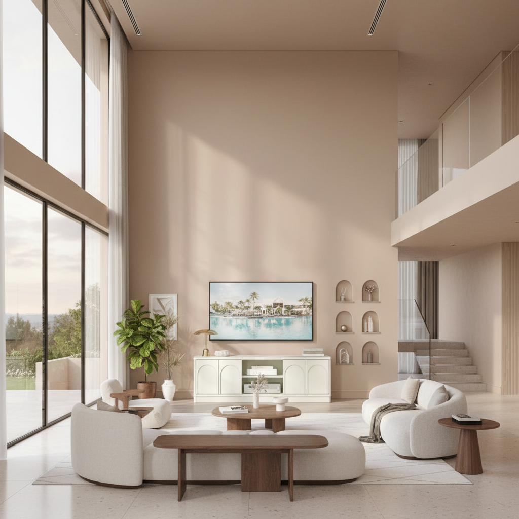 Architectural luxury home featuring white arched unit