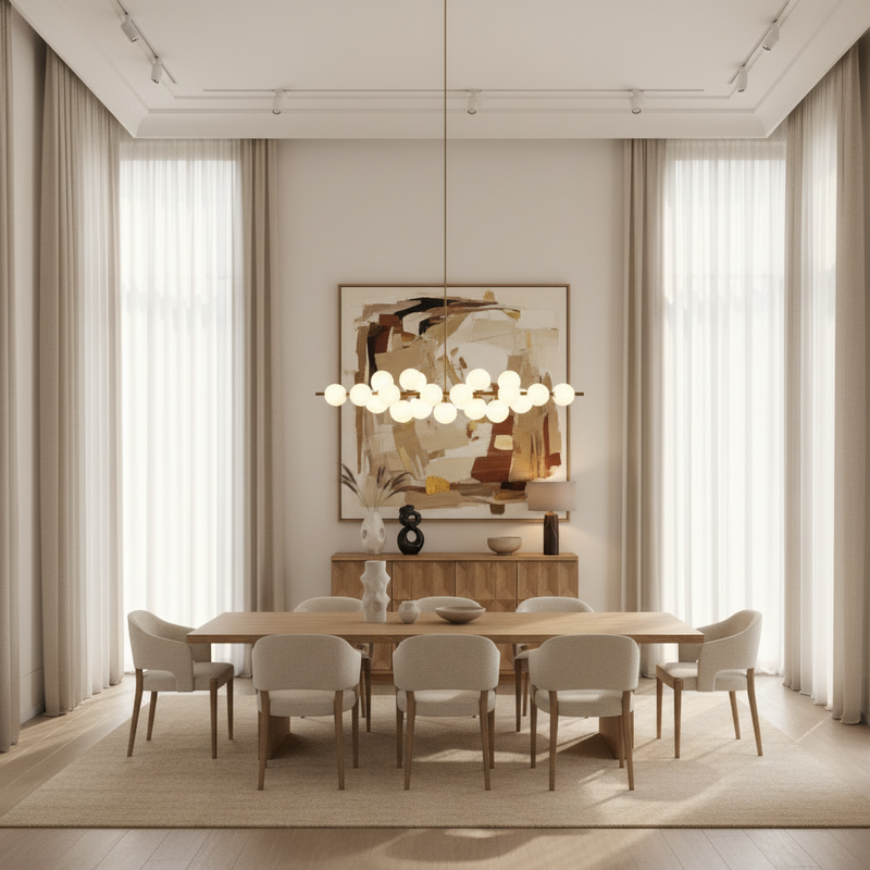 Art collector's dining room with geometric patterned buffet sideboard