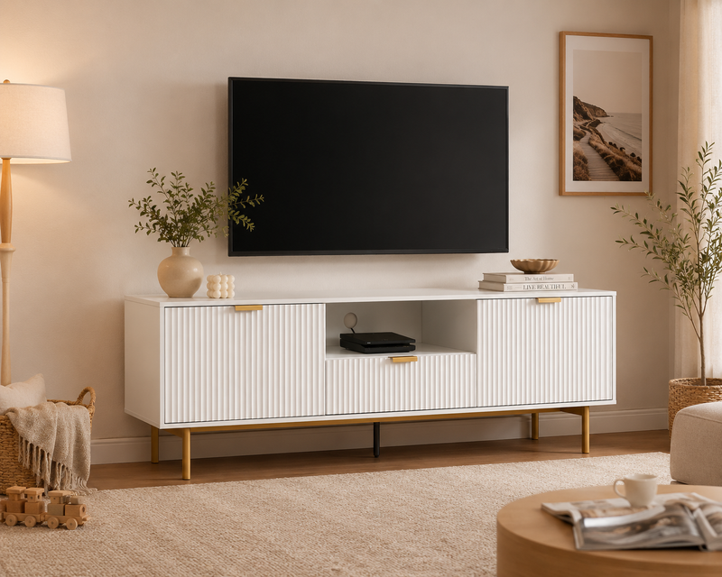 SIENA Fluted Entertainment Unit | White 180cm TV Stand with Gold Accents