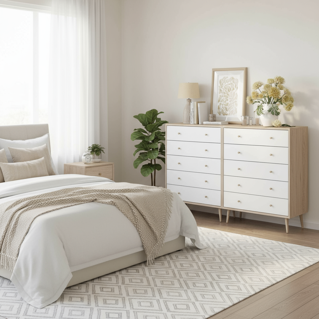 Bedroom lifestyle shot with white dressers
