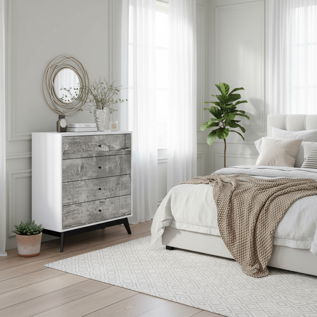 Bedroom lifestyle with distressed chest of drawers