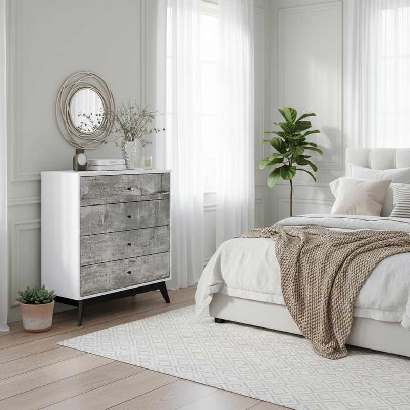 Bedroom lifestyle with distressed chest of drawers