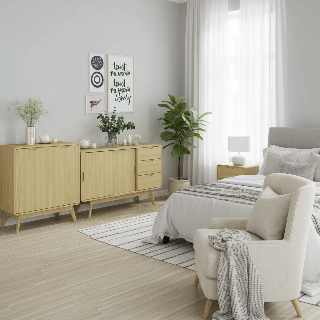 Bedroom lifestyle with natural wood sideboard set