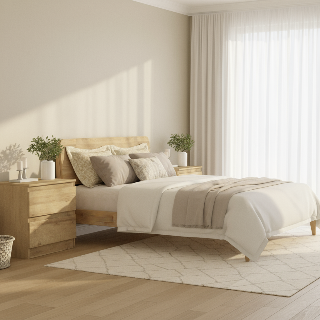 Bedroom lifestyle with oak bedside chest