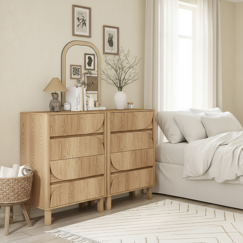 Bedroom lifestyle with pair of oak chest of drawers