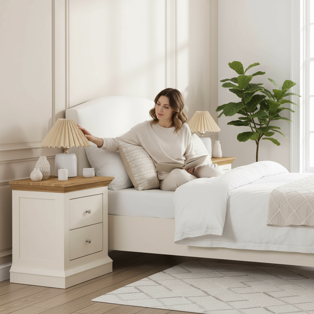 Bedroom lifestyle with person and white nightstand