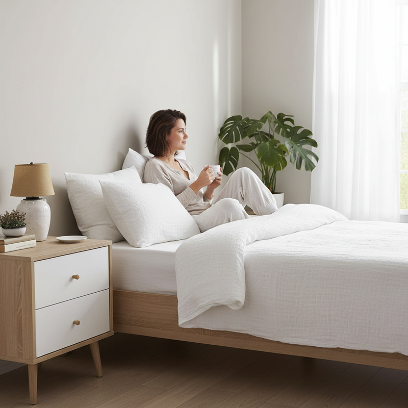 Bedroom lifestyle with person having coffee by nightstand