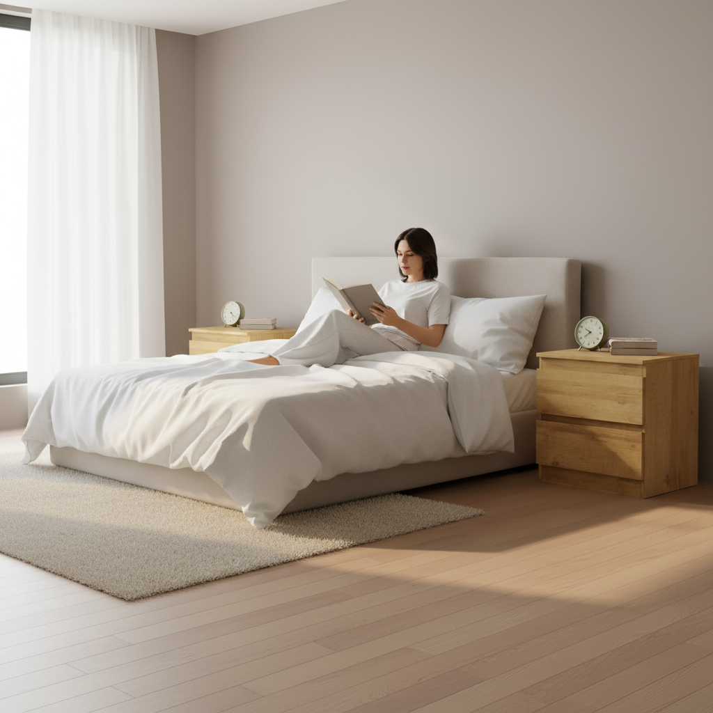Bedroom with people and natural wood nightstands