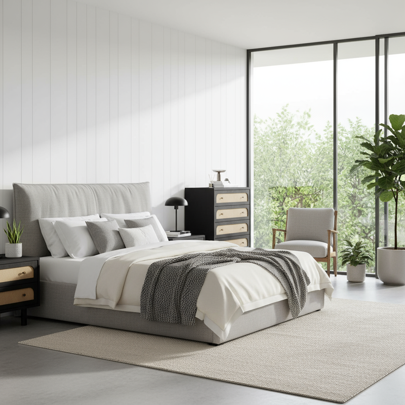 Black and Oak 5-Drawer Chest in Amazing Bedroom