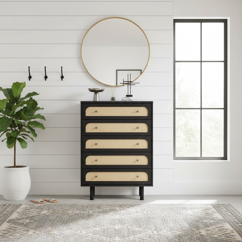 Black and Oak Chest in Elegant Entryway