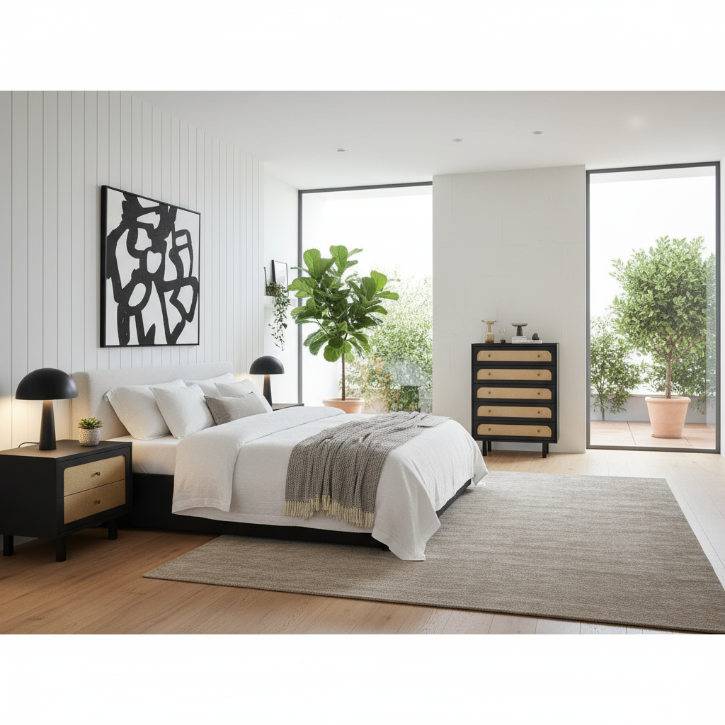 Black and Oak Chest - Wide Bedroom Shot